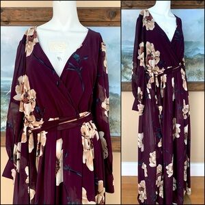 NWT Burgundy Long Sleeve Floral Maxi Dress | V-Neck Plus Size Full Length Dress